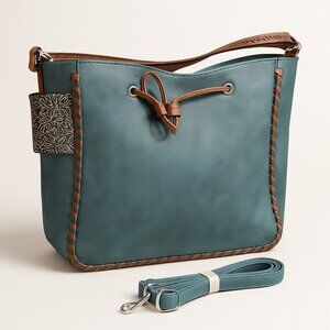 Marc Chantal Teal Faux Leather Whipstitch Shoulder Bag - Large